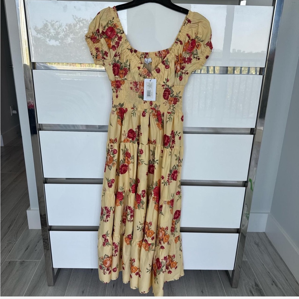 DANIELLE BERNSTEIN Red and Yellow Smocked Maxi Dress with Puff Sleeves